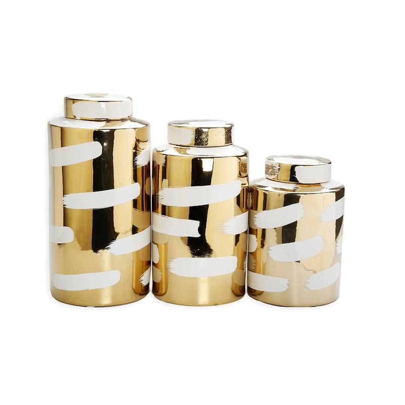 Gold Porcelain Jar With Cover White Brush Design