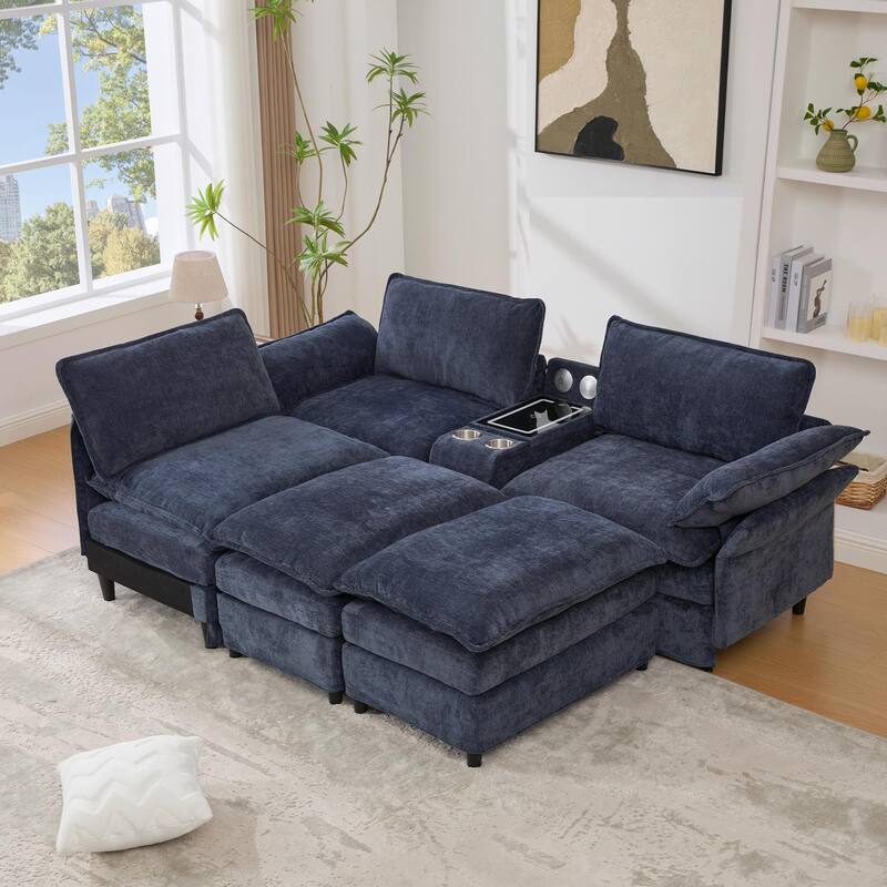Modular Sectional Sofa, U Shaped Couch with 2 Ottomans, Storage Console & Wireless Charging, 2 Cup Holders, Bluetooth Speakers