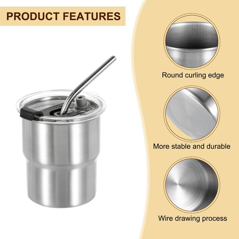 304 Stainless Steel Cups with Straws and Lids, 10oz Double Wall Water Glasses - Silver