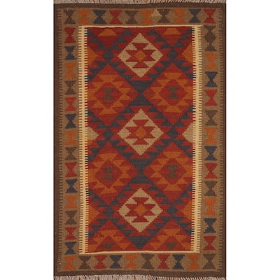 Reversible Red Kilim Oriental Area Rug Flat-weave Tribal Wool Carpet - 3'3" x 5'2"