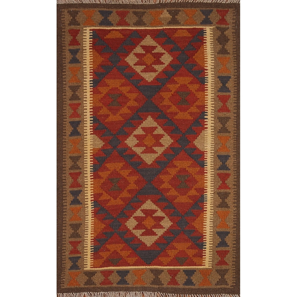 Reversible Red Kilim Oriental Area Rug Flat-weave Tribal Wool Carpet - 3'3" x 5'2"
