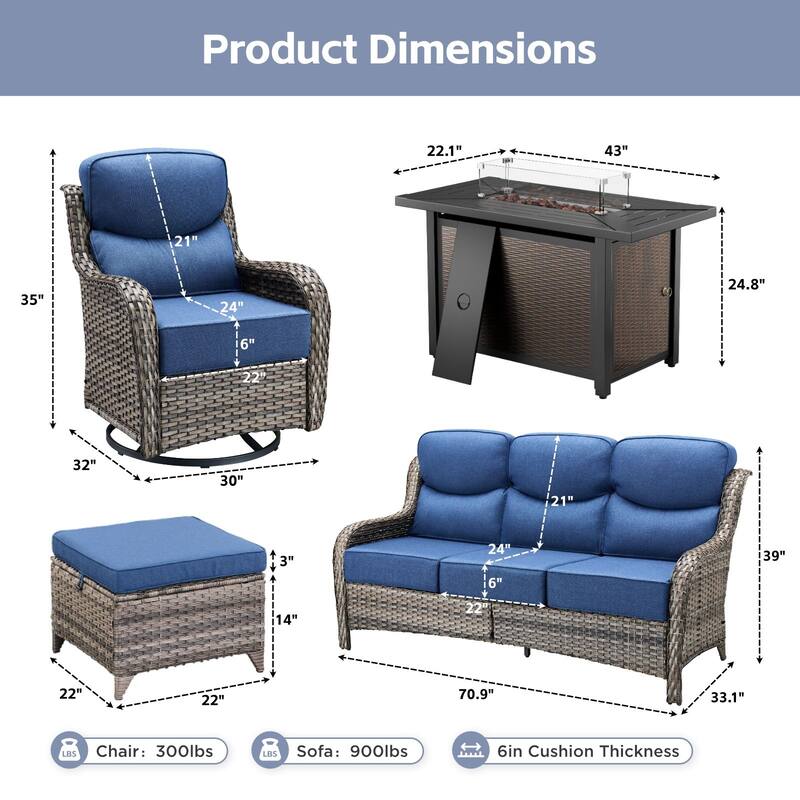 Arcadia 8-Piece PE Wicker Patio Seating Set with Durable All-Iron Fire Pit and 6-Inch Cushions