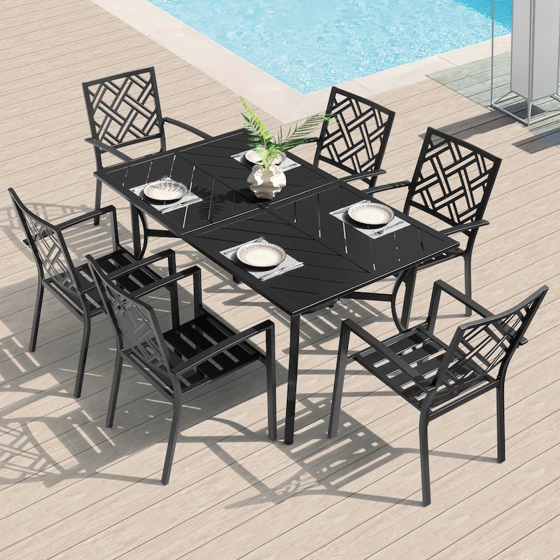 7PCS Metal Rectangle Patio Dining Set with Umbrella Hole, Stackable Design - Black