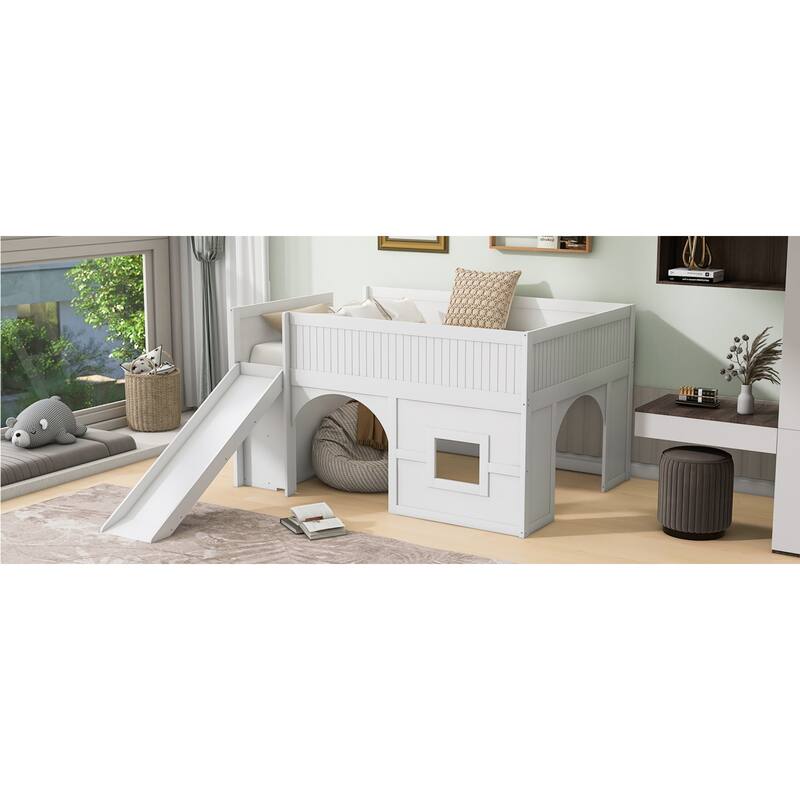 Roomfitters Full Low Loft Bed with Slide, Storage Shelves and Window Design