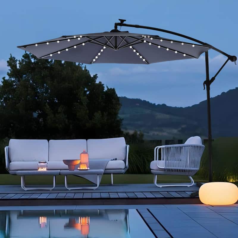 Outdoor Patio 10-Ft Solar LED Offset Hanging Umbrella