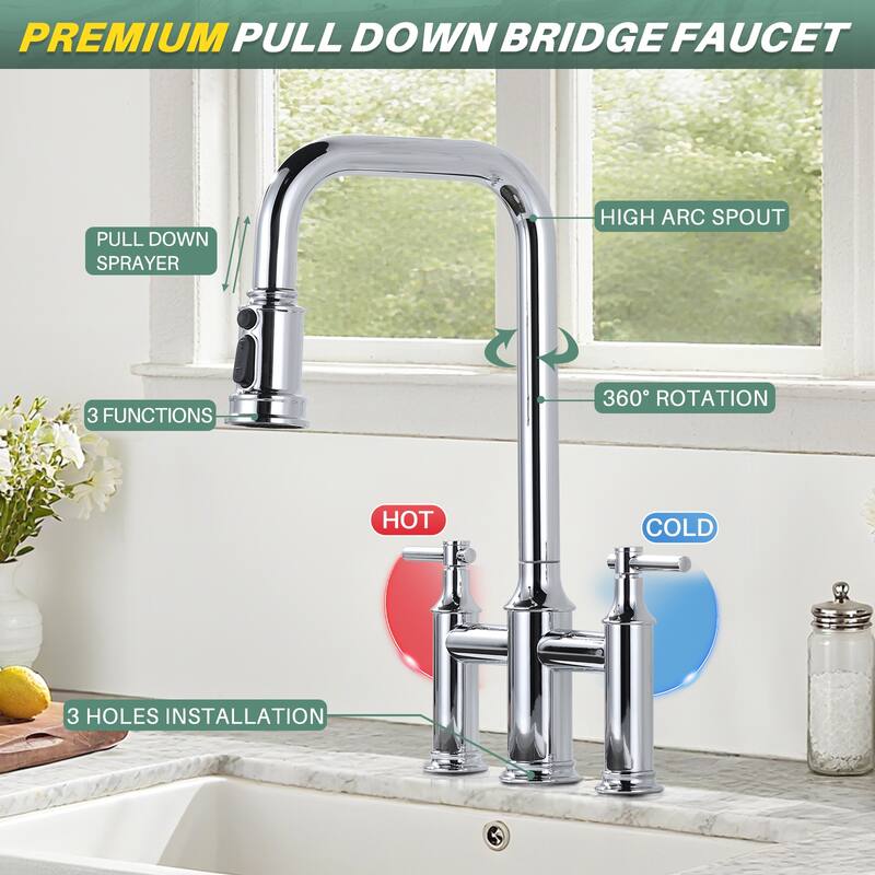 WOWOW Double Handle Bridge Kitchen Faucet with Advanced Spray