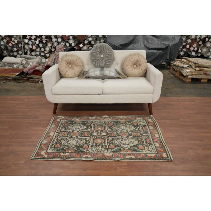 Hand Knotted Oriental 100% Wool Carpet Traditional Geometric Green Heriz Area Rug - 4' 8'' X 3' 2''