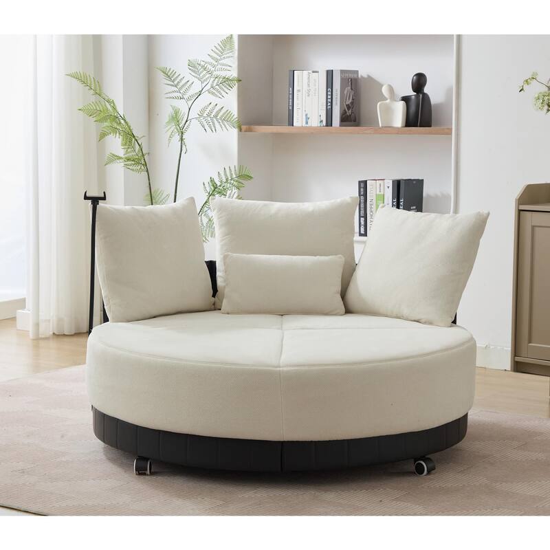 360° Swivel Barrel Chair Round Sofa Chair with Casters and Adjustable Phone Stand, Upholstered in Anti-Wrinkle Polyester Fabric