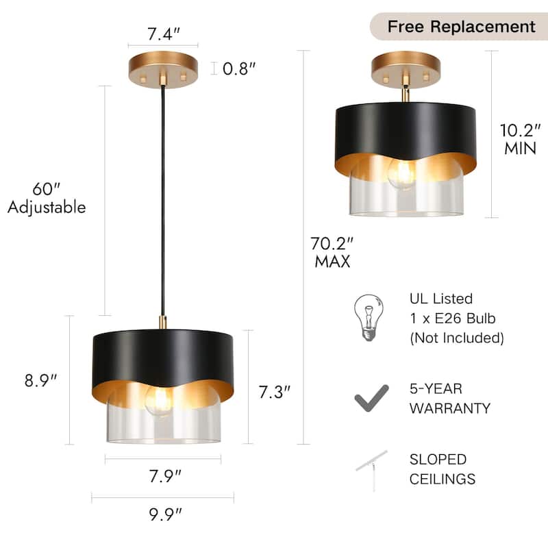 Modern Industry 1-Light Black and Gold Cylindrical Chandelier Island Lighting Pendant Light for Dining Room - 9.9" × 8.9"
