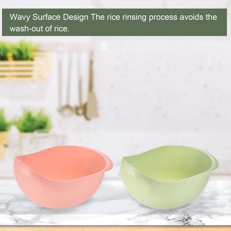 Kitchen Rice Washing Strainer Fruit Vegetable Container Drain Basket - Green+Pink