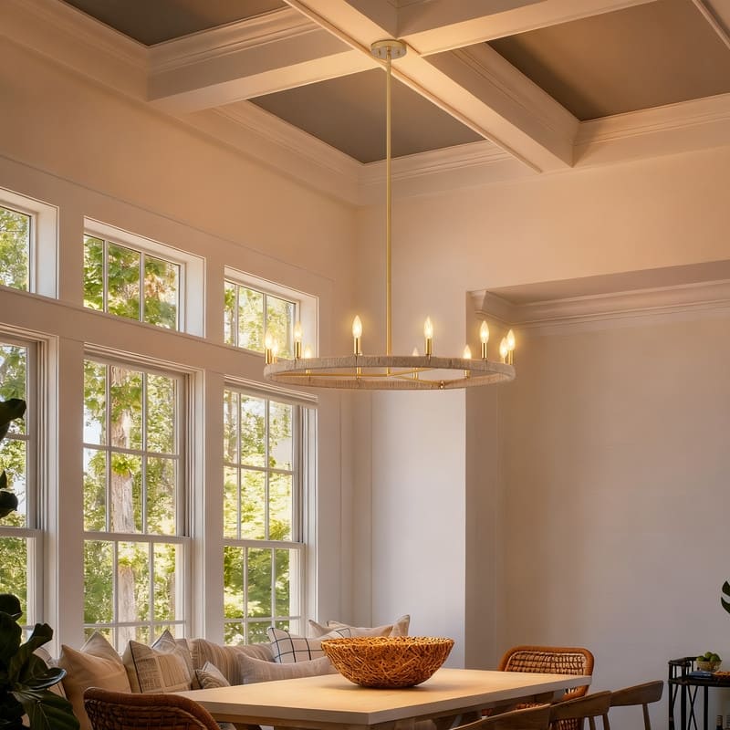 KAWOTI 12-Light Rustic Wagon Wheel Chandelier with Jute Wrap - W36.5" x H46.4"