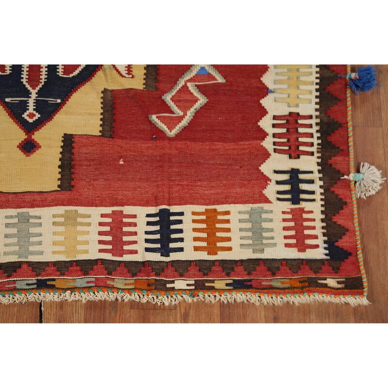 Red Kilim Qashqai Persian Vintage Rug Hand-Knotted Wool Carpet - 4'3"x 7'2"