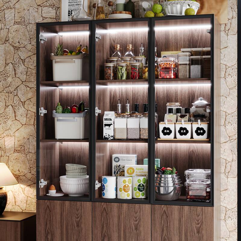 Bookshelves Bookcase Modular Glass Display Cabinet with LED Lights, Dark Wood Storage Combination Cabinet System