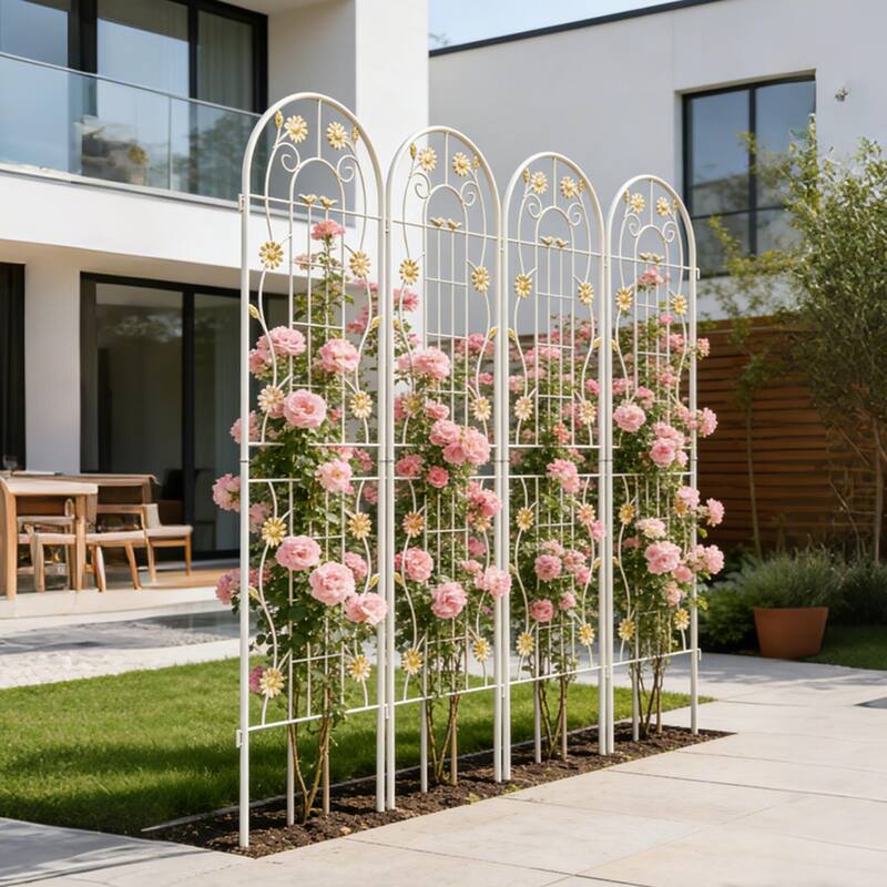 Anmytek Decorative Metal Garden Trellis Set of 2 with Arch Top Daisy Motifs Green Weather Resistant Climbing Plant Support