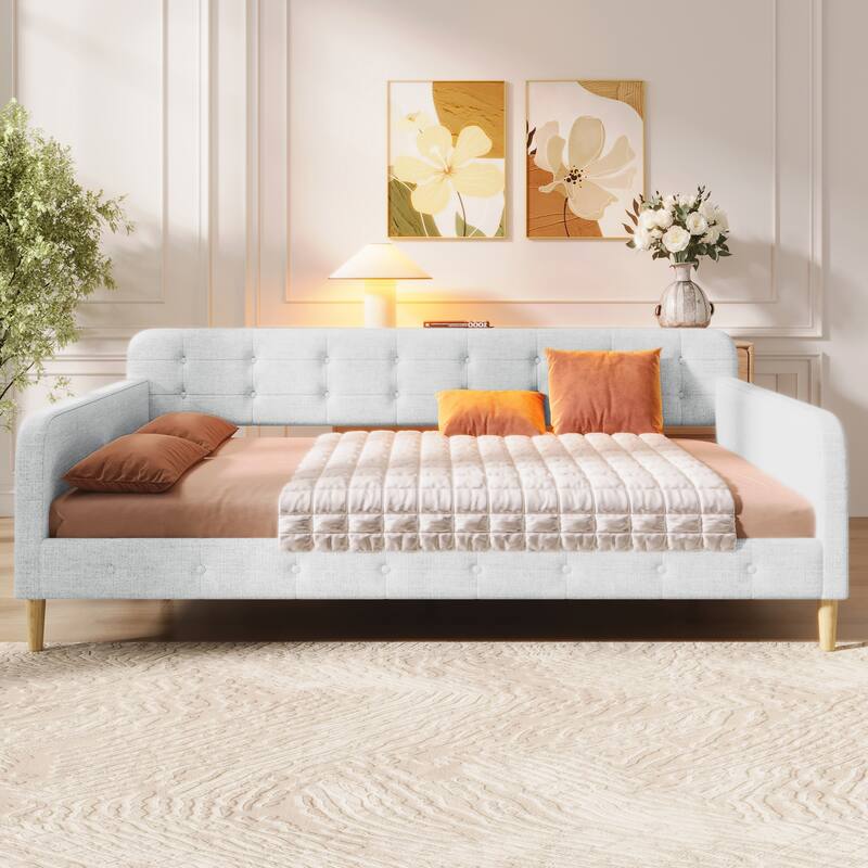 Roomfitters Queen Size Upholstered Daybed, Mid-Century Modern Sofa Bed Frame with Backrest and Tapered Wood Legs