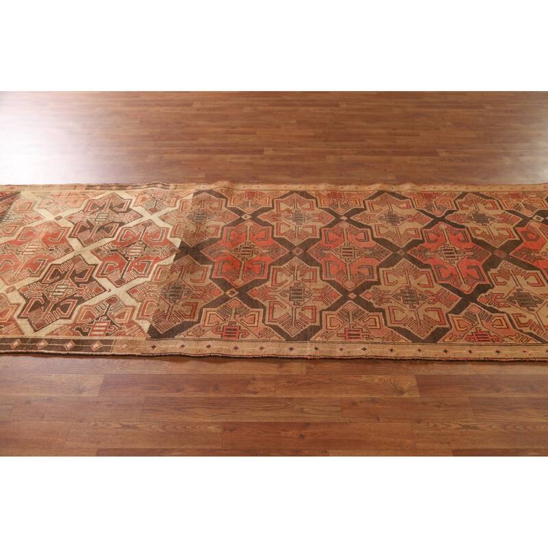 Brown Tribal Ardebil Persian Vintage Runner Rug Handmade Wool Carpet - 3'7"x 9'6"