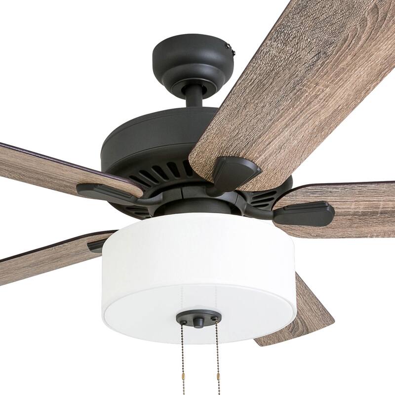 The Gray Barn Hatekin Farmhouse 52-inch Aged Bronze LED Ceiling Fan in Linen Drum Light in 3-speed Remote