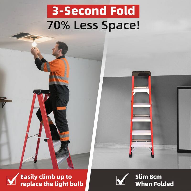 Anmytek Red Fiberglass Single Side Step Ladder Insulated Non Conductive Frame for Electrical Engineering and Home Maintenance