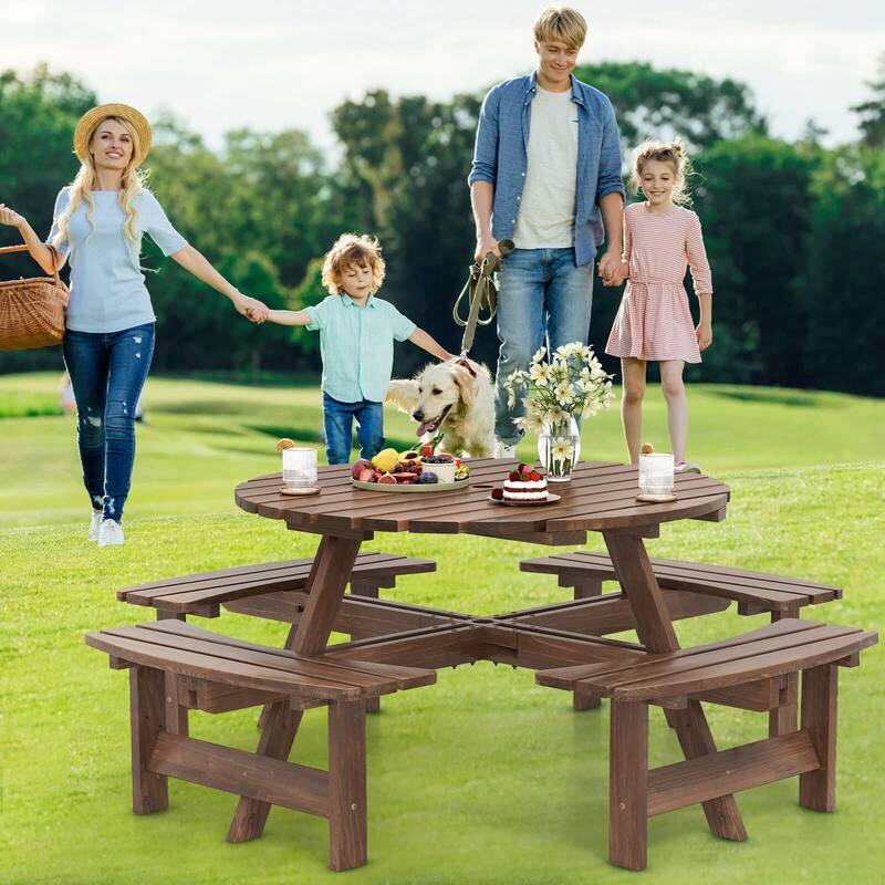 Costway 8-Person Round Picnic Table Set with 4 Built-in Benches 2" - See Details