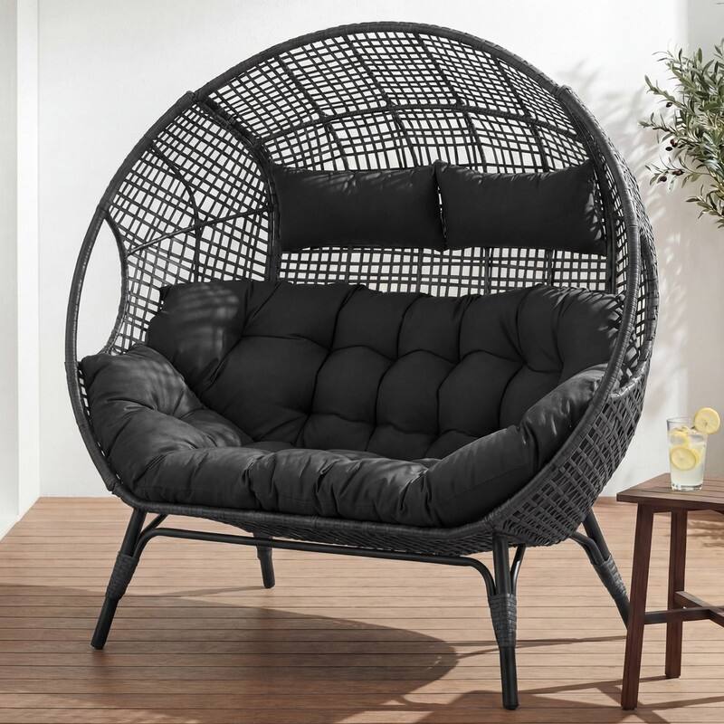 2-Person Papasan-Style Oversized PE Wicker Egg Chair with Cushions, 57.1" Wide, 680-lb Capacity, Indoor/Outdoor - Dark Grey