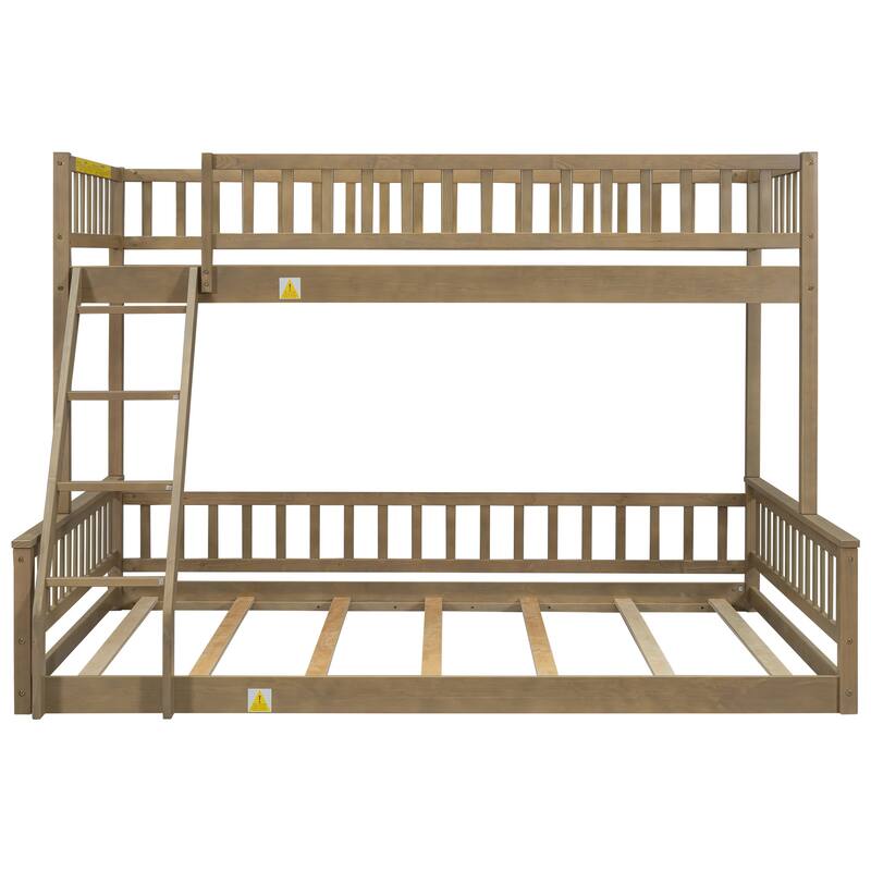 Twin XL over Queen Bunk Bed with Ladder and Guardrails in Walnut Finish