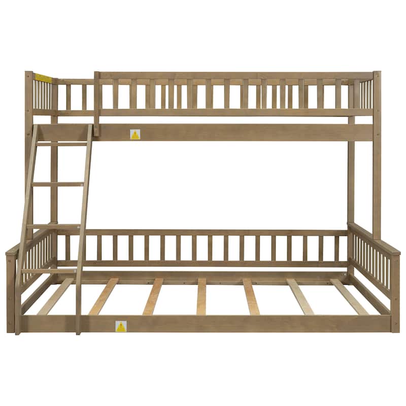 Wood Bunk Bed Twin XL over Queen Pine Bed Frame, Detachable Bunk Bed with Safety Guardrail and Ladder for Kids Teens Adults