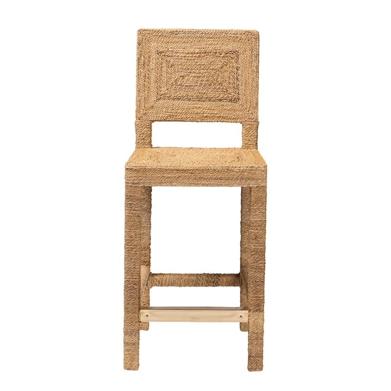 Anfield Modern Bohemian Natural Seagrass and Mahogany Wood Counter Stool
