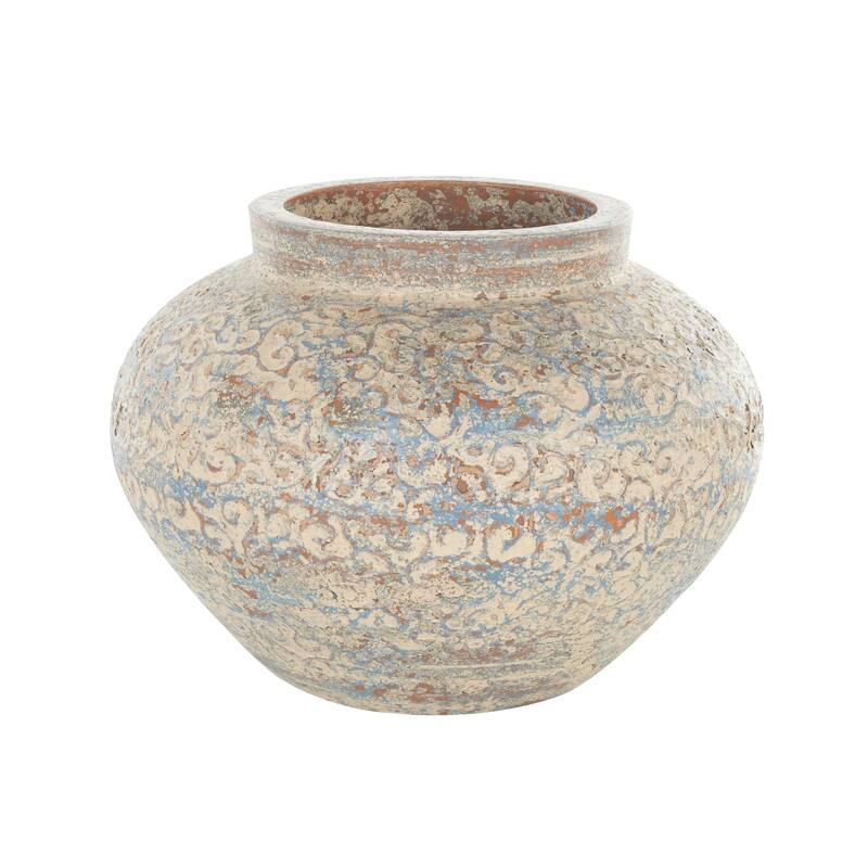 Ceramic Scroll Handmade Antique Style Wide Rounded Decorative Vase with Blue and Copper Accents - Beige - Roche River Decor