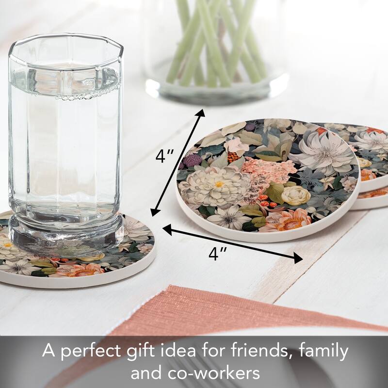 Enchanted Blooms 4 Pack Round Absorbent Stone Coasters with Protective Cork Backing Manufactured in The USA
