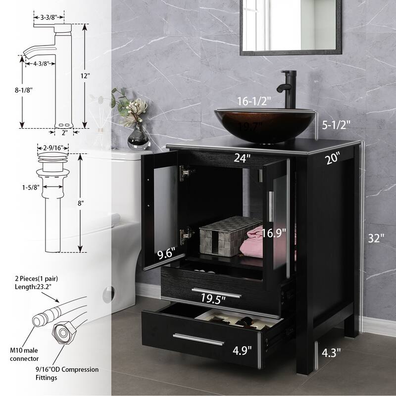eclife 24" Classical Bathroom Vanity Set with Tempered Glass Vessel Sink Oil Rubbed Bronze Faucet and Drain