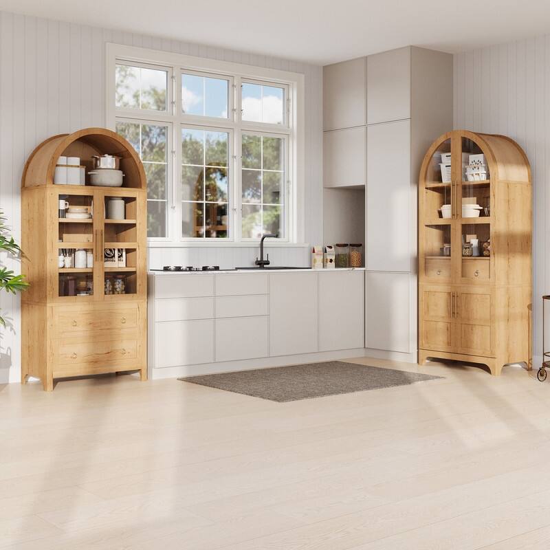 71" Tall Arched Kitchen Pantry Cabinet with Adjustable Shelves and Hidden Drawer for Stylish Storage Solutions