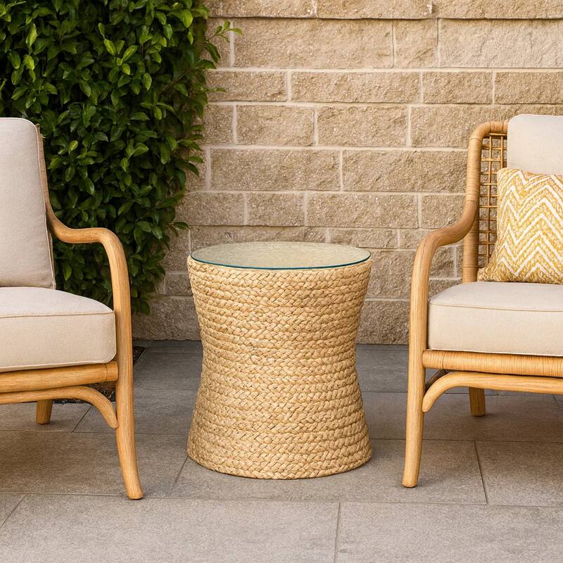 Grix Side Table, 20 Inch Tempered Glass Round Top, Braided Hourglass