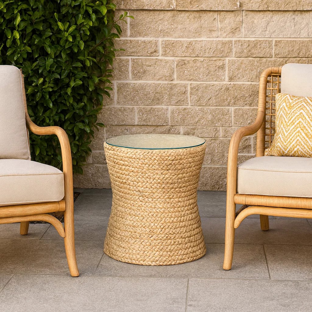 Grix Side Table, 20 Inch Tempered Glass Round Top, Braided Hourglass