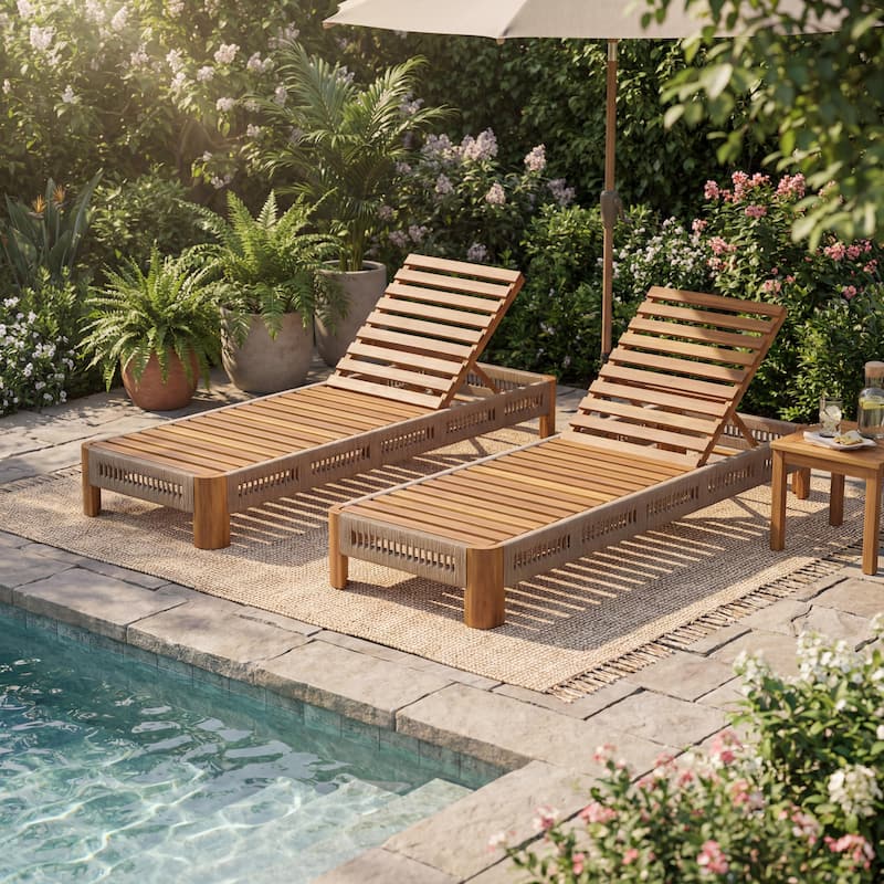 Christopher Knight Home - Delacroix Acacia Wood Outdoor Chaise Lounge with with Adjustable Backrest, Handwoven Rope Accents