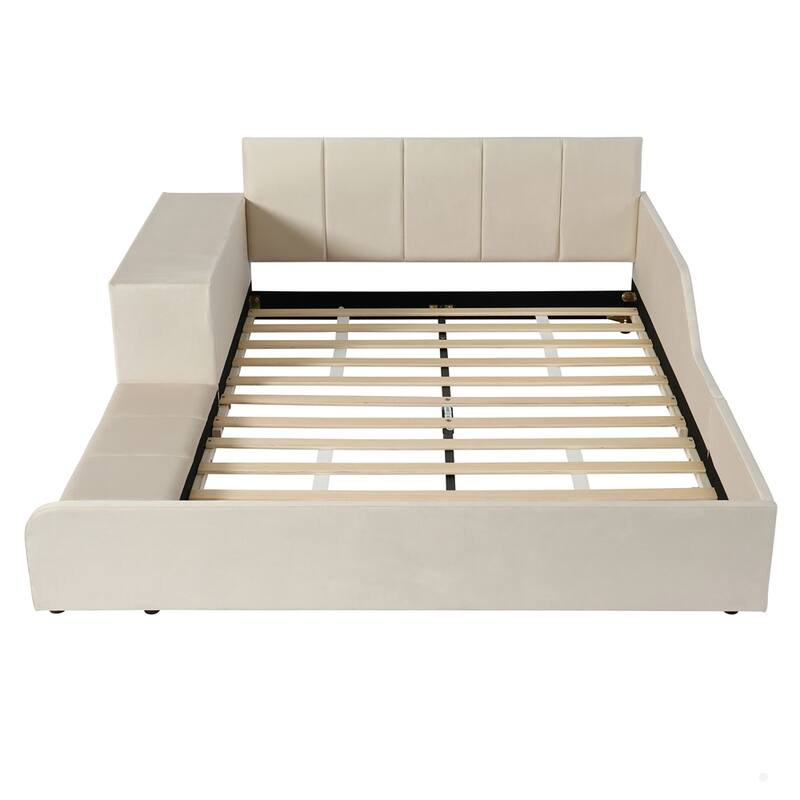 Upholstered Grounded Bed Mother & Child Bed with Bedside Desk and Little Round Stool