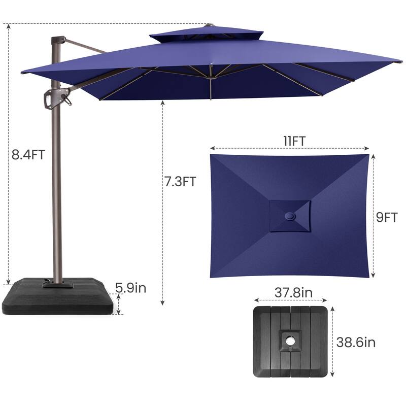 11 × 9 ft Outdoor Patio Offset Cantilever Dual Top Umbrella with 4-Piece Fillable Weighted Base