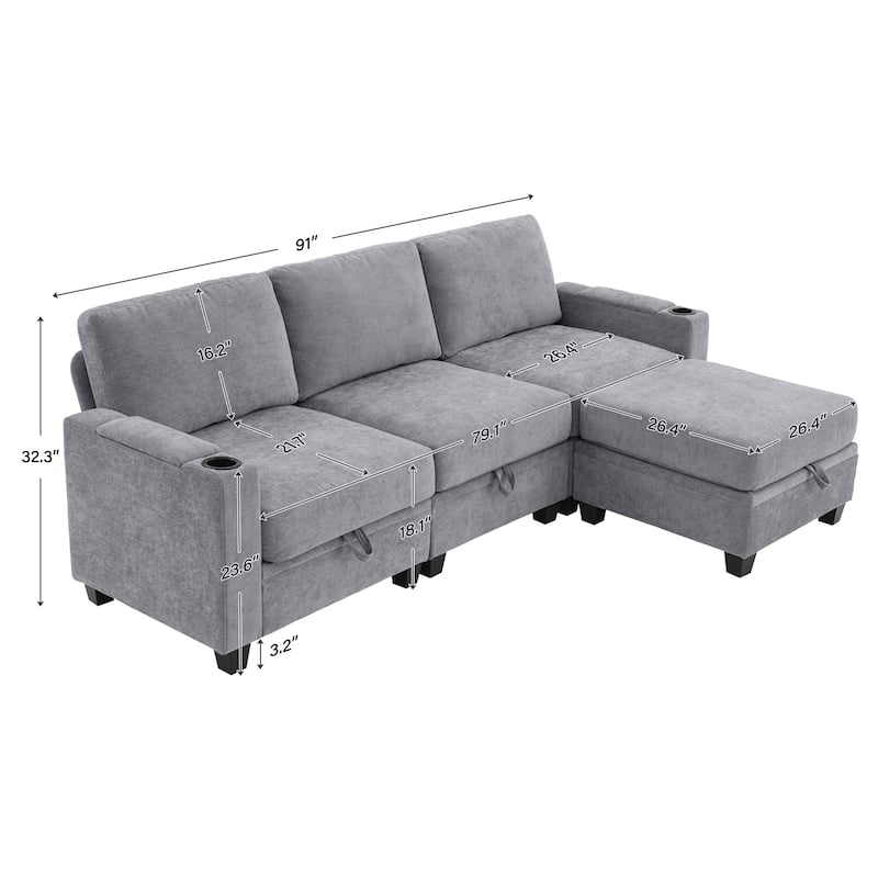 Chenille Storage Sofa, 3 Seats with a Removable Ottoman