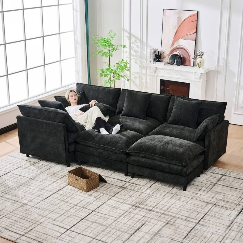 140.9" U-shaped Cashmere Modular Sectional Sofa with 2 Movable Ottomans