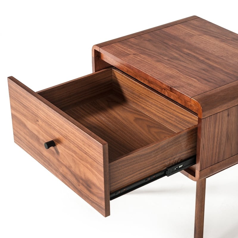 Modern Walnut Nightstand with Drawer Rubberwood Frame and Soft-Close Glide Bedroom Side Table