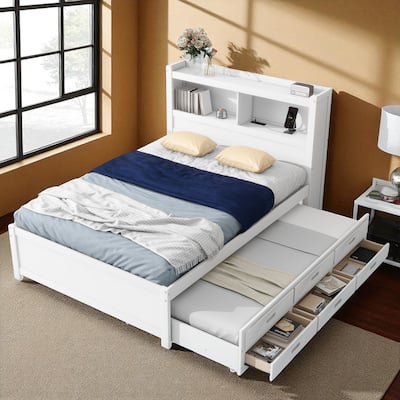 Full Size Platform Bed with Trundle, 3 Drawers, Storage Headboard & USB Charging Ports