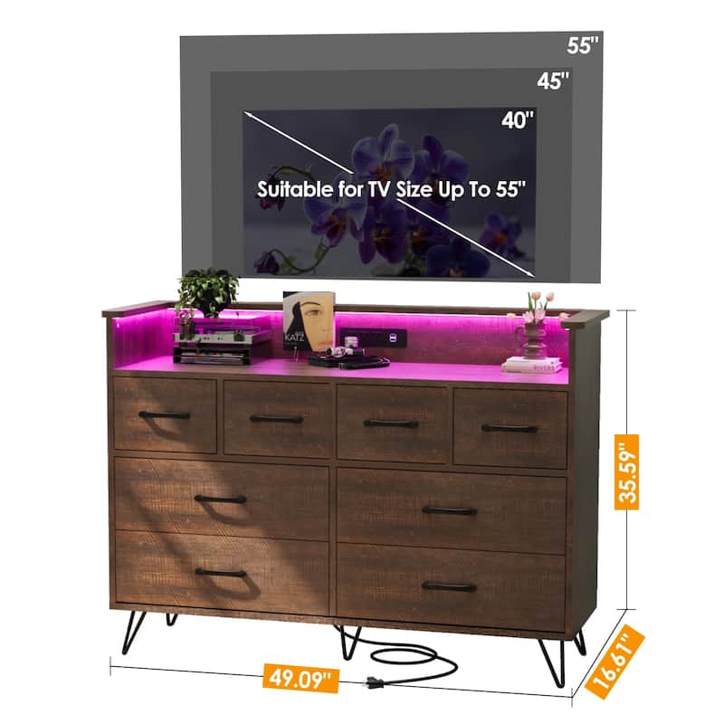 8 Drawer Dresser for Bedroom with LED Light, Charging Station & Open Shelf