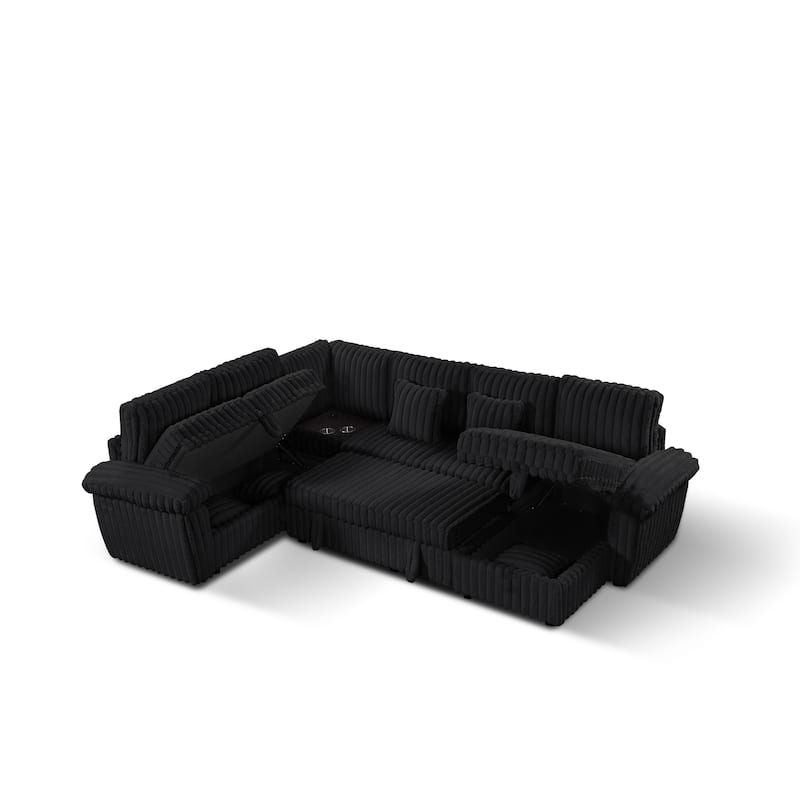 U-Shaped Corduroy Sectional Sofa with Storage Chaise & Pull-Out Bed, Upholstered Corner Sofa with Cup Holder & USB Port