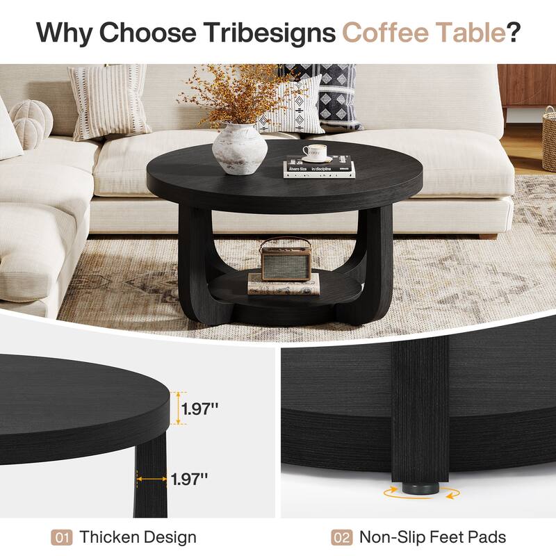 2-Tier Round Coffee Table with Thick Top & Base - Large