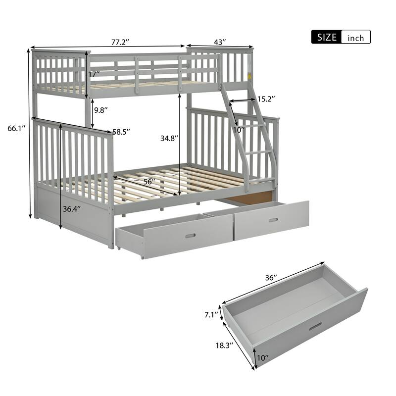 Space-Saving Twin Over Full Bunk Bed with Storage Drawers and Safety Rails