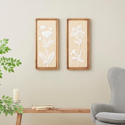 Cream Wood Textured Floral Home Wall Decor with White Painted Accents (Set of 2)