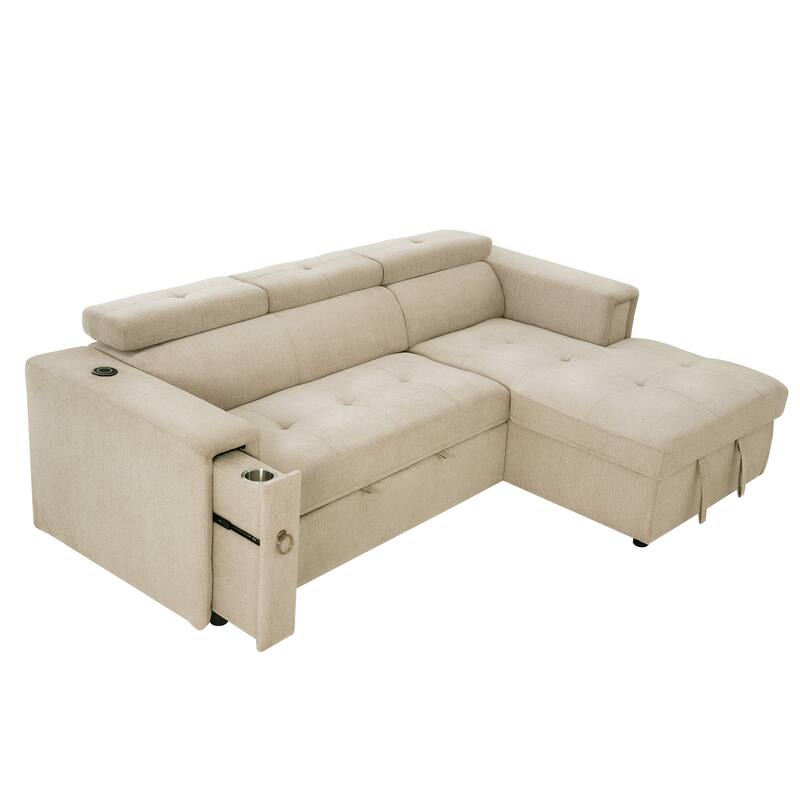 L-Shaped Pull Out Sofa Bed Modern Convertible Sleeper Sofa with 2 USB ports, 2 Power Sockets and 3 Pillows