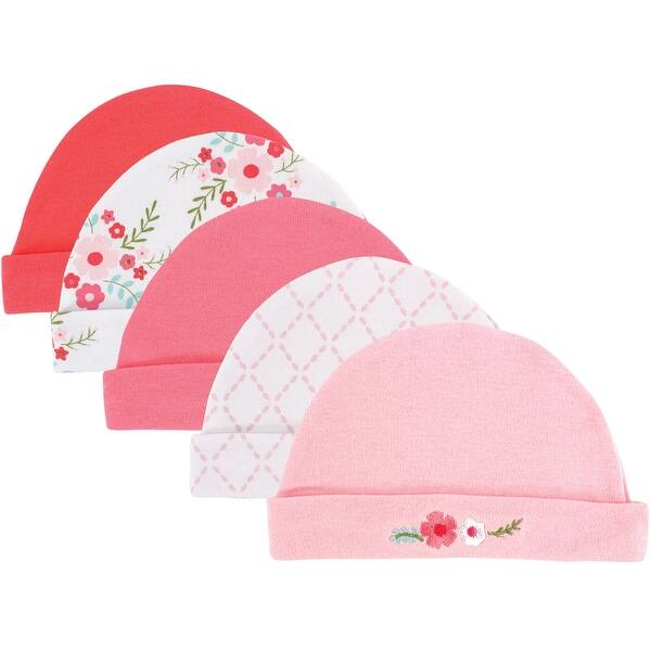 slide 1 of 1, Luvable Friends Baby Girl Cotton Caps 5pk, Floral, 0-6 Months - Floral Floral - 0-6 Months
