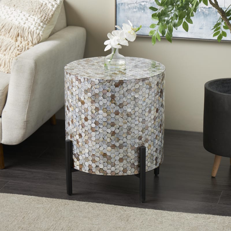 Mother of Pearl Shell Geometric Handmade Mosaic Inlay Accent Table with Black Metal Legs - Multi Colored - Roche River Decor