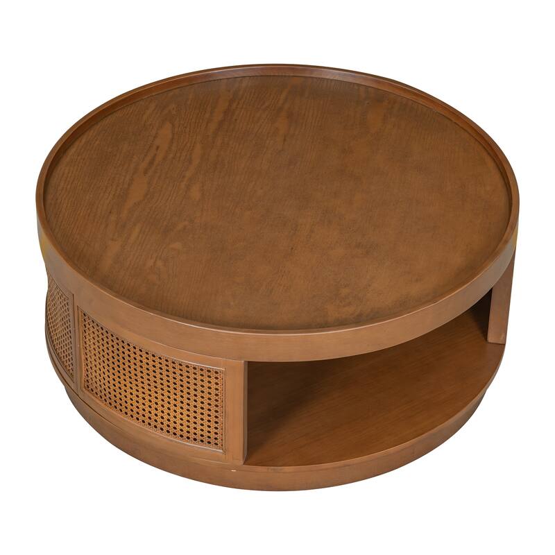 36.8" Wooden Mid-Century Modern Coffee Table with Storage, Round Cane Coffee Table with PE Rattan Side for Living Room
