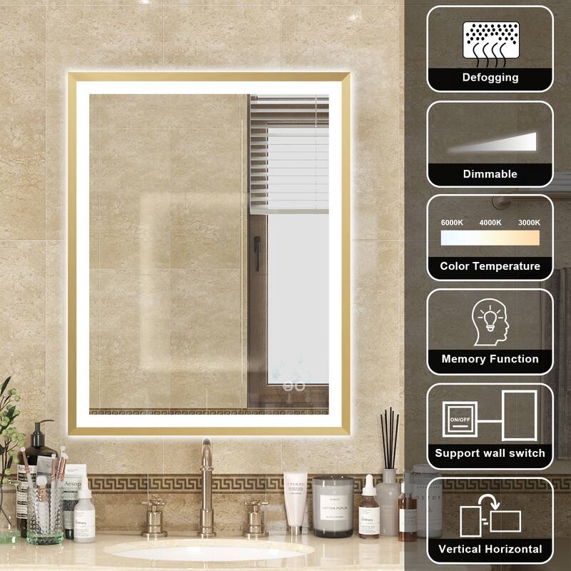 Wall Mounted Back Light Bathroom Framed LED Mirror Anti- Fog With Dimmable Light Touch Sensor And Memory Function
